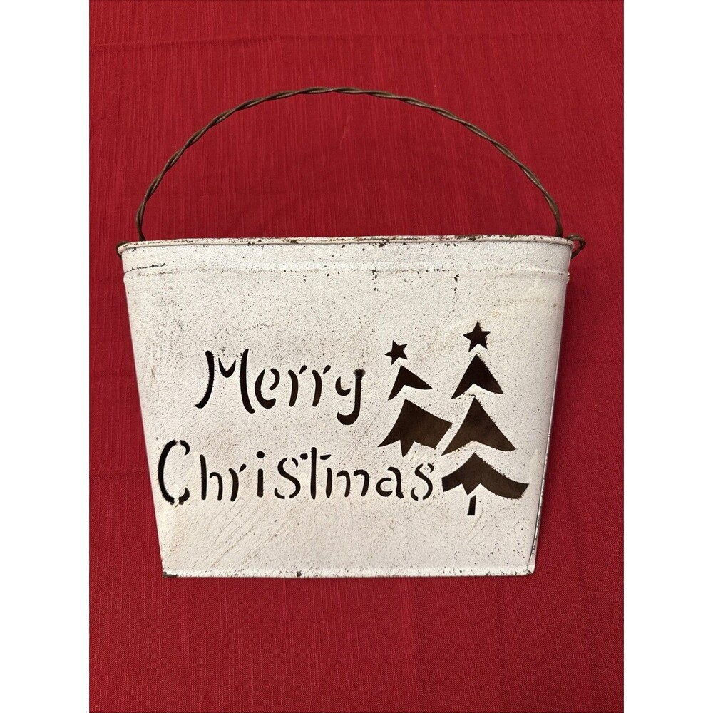 Metal White Wall Pocket Rustic Farmhouse Distressed Merry Christmas Trees cutout